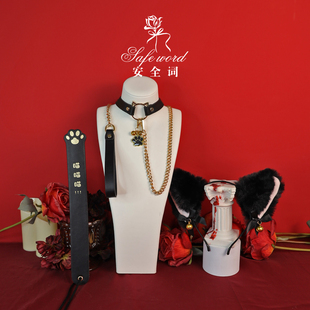 puppy皮质项圈带牵引绳小猫软皮拍铃铛猫耳朵choker可定制刻字