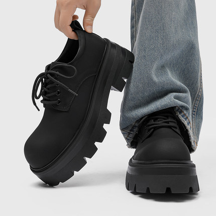 厚底增高鞋7CM德比鞋男款秋季新款哑光高级感男士休闲黑色小皮鞋