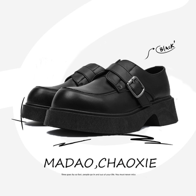 皮鞋男款秋季一脚蹬厚底增高米奇德比鞋英伦风黑色大头休闲鞋男鞋