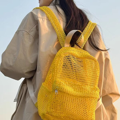 沙滩包网纱双肩包包女百搭透明包网眼布包夏外出轻便旅行透气背包