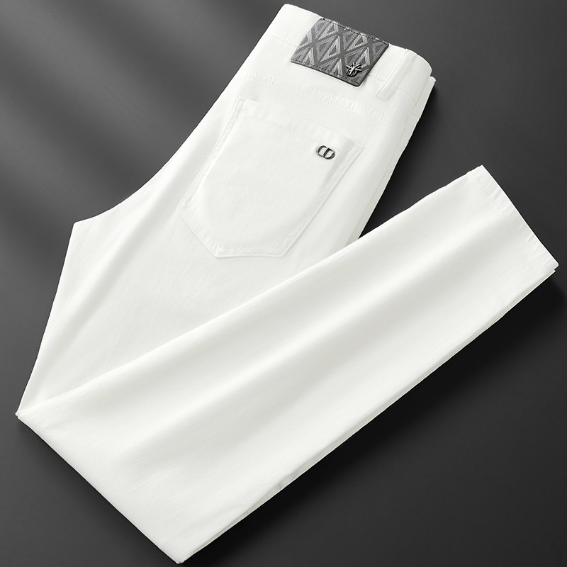 意大利高端莱赛尔三防白色牛仔裤男修身小脚弹力夏季薄款休闲裤子
