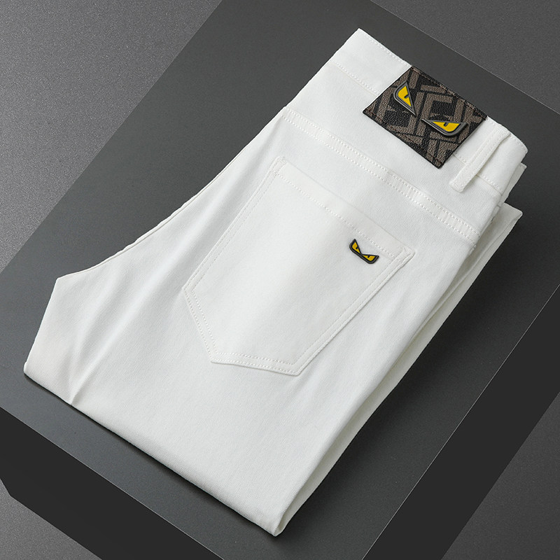 意大利高端三防白色牛仔裤男修身小脚弹力夏季薄款休闲潮牌长裤子
