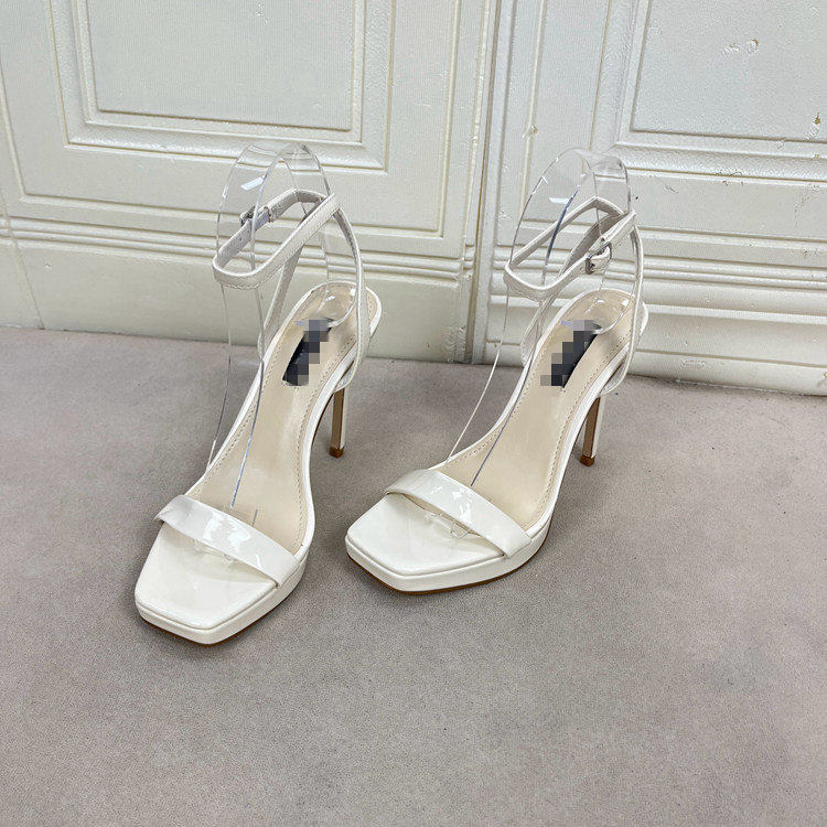 方头纯色厚底细高跟一字扣凉鞋