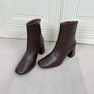 短靴 气质小方头纯色粗高跟侧拉链时装 Lady Shoes外贸原单女靴时尚