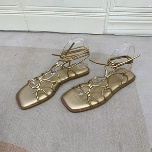 外贸原单新款 沙难时尚 百搭方头粗跟平底凉鞋 罗马鞋