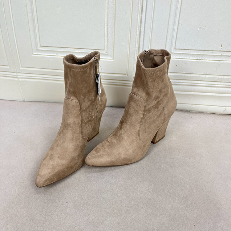 尖头纯色侧拉链粗高跟短靴瘦瘦靴
