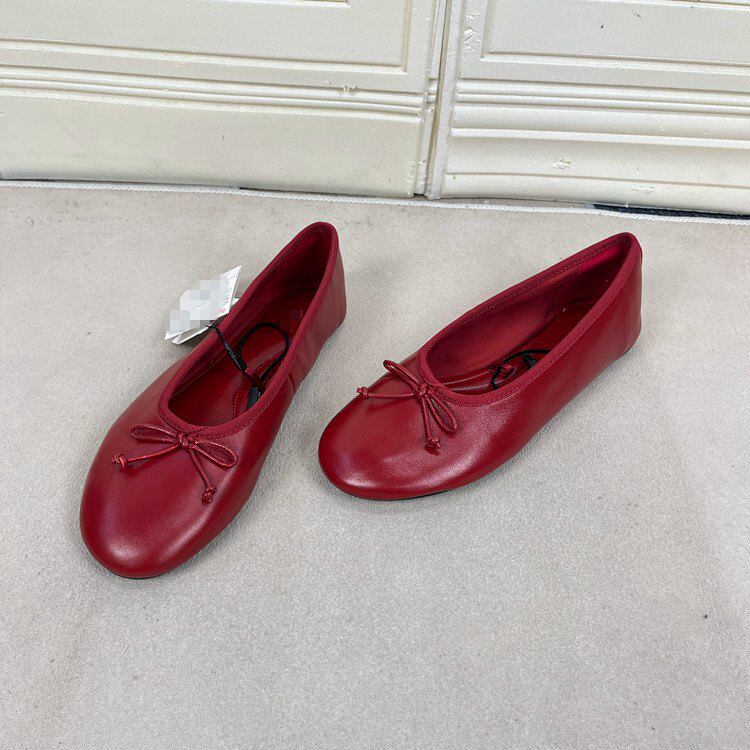 Lady Shoes外贸原单女鞋真皮新款时尚圆头纯色蝴蝶结浅口平底单鞋