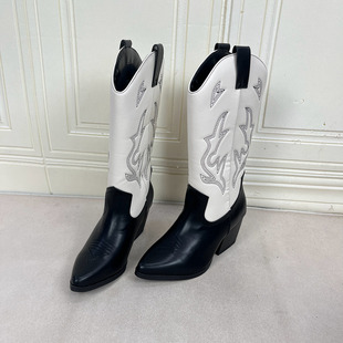 外贸原单尖头粗跟刺绣中筒靴简约时尚 舒适百搭日常外穿女靴子 新款