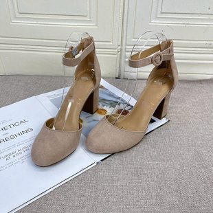 外贸原单shoes关税原因新款圆头纯色粗高跟一字扣包头气质单鞋