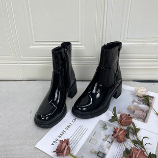 外贸原单英伦切尔西时尚圆头粗跟侧拉链高跟短靴内里带毛马丁靴