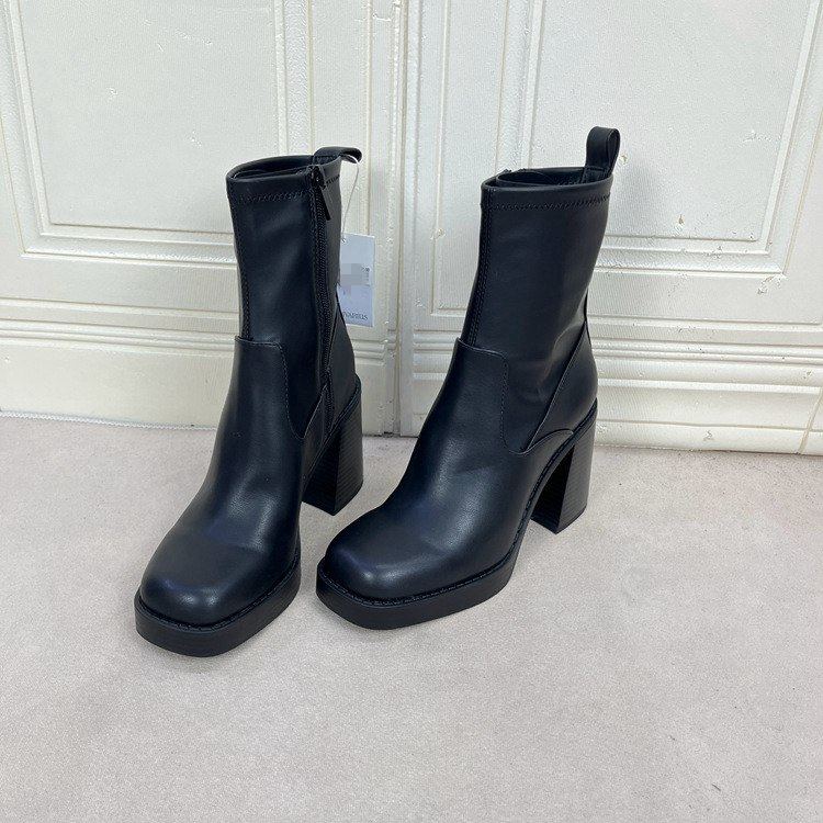 外贸原单方头粗跟短靴简约时尚新款侧拉链舒适休闲百搭气质靴子