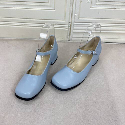 方头纯色粗跟浅口一脚蹬时装单鞋