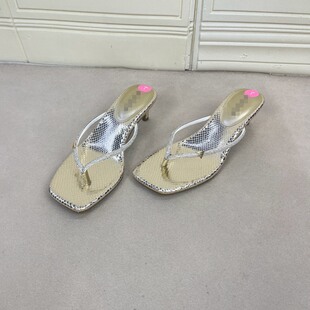 外贸原单女鞋时尚方头纯色夹趾小三角标带钻细高跟人字拖鞋凉鞋