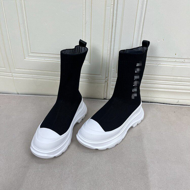 Lady Shoes外贸原单女靴鞋垫真皮圆头厚底针织套筒袜靴瘦瘦短靴