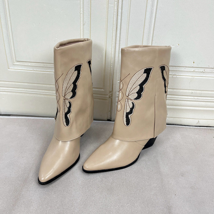 尖头粗跟复古套筒短靴直筒裤靴