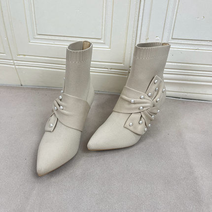 Lady Shoes外贸原单女靴时尚尖头纯色蝴蝶结细跟针织面时装短靴