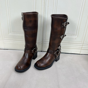 外贸出口女靴新款 百搭圆头套筒中筒靴骑士靴 美拉德厚底皮带扣时尚