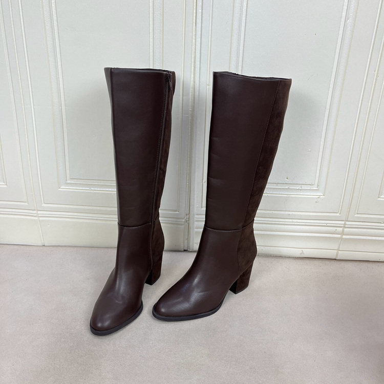 圆头纯色侧拉链粗高跟时装长靴