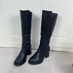长靴 圆头纯色粗跟侧拉链时装 Lady Shoes外贸原单女靴内里加绒新款