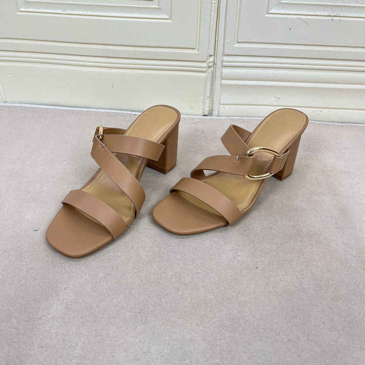 外贸原单shoes女鞋方头编织类时尚简约粗高跟金属环气质凉拖鞋