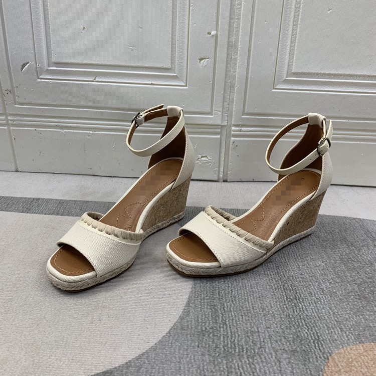 鱼嘴坡跟厚底草编麻底露趾帆布