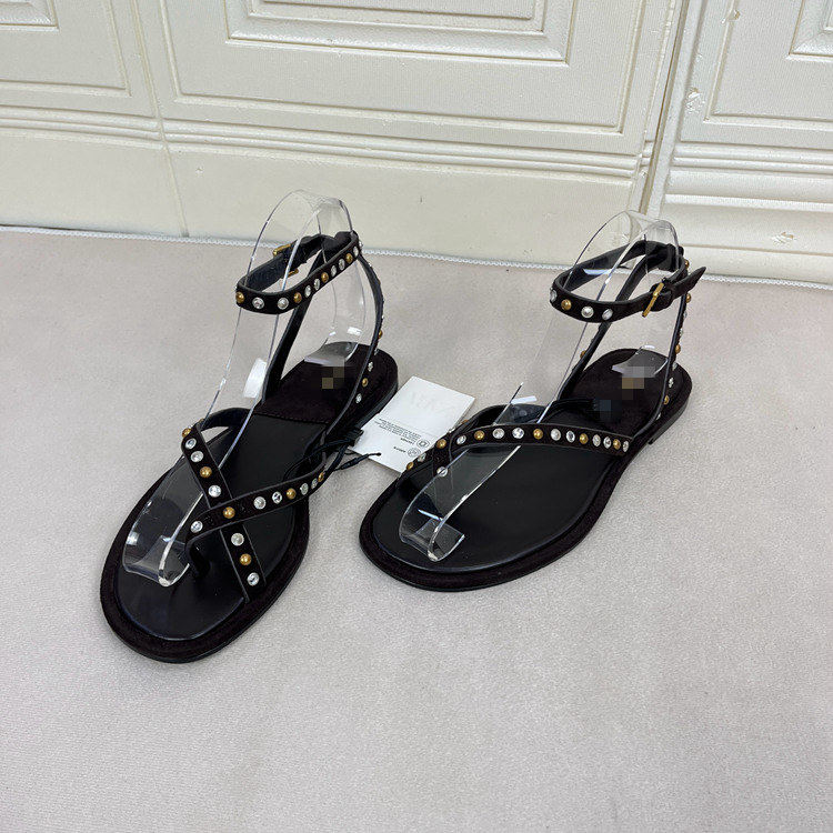 外贸原单女鞋真皮时尚shoes新款圆头纯色夹趾带钻串珠平底凉鞋