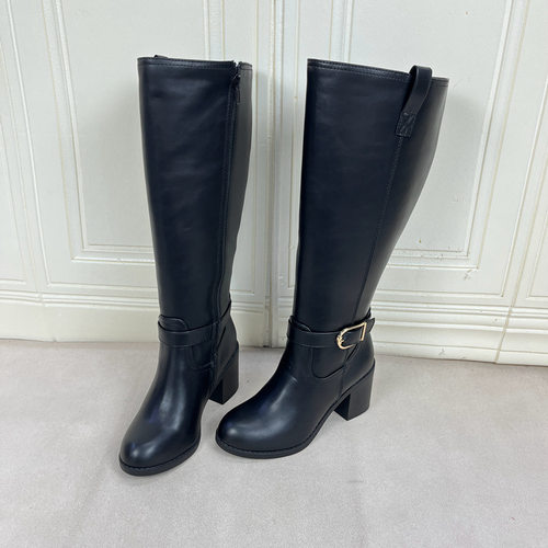 圆头纯色粗跟侧拉链皮带扣长筒靴