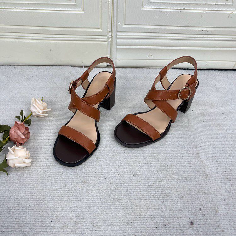 外贸原单女鞋新款圆头粗跟高跟简约休闲时尚百搭日常后空舒适凉鞋