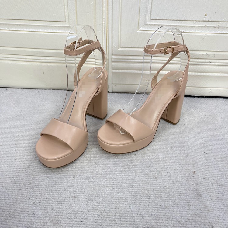 外贸原单女鞋新款shoes圆头厚底粗跟纯色防水高显高时尚气质凉鞋