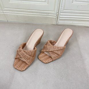 时尚 新款 方头纯色坡跟编织面时装 凉鞋 Lady 拖鞋 Shoes外贸原单女鞋