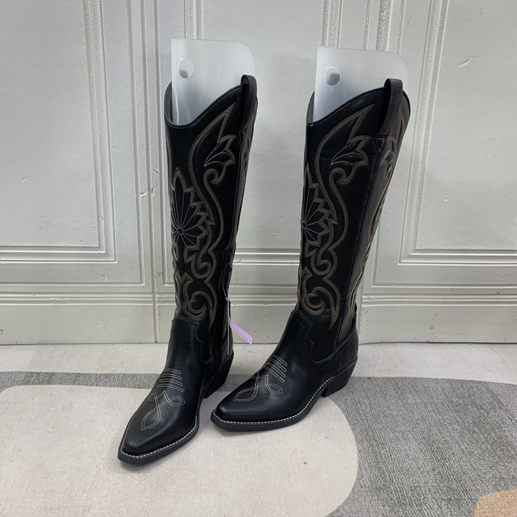 粗跟刺绣V口西部牛仔骑士靴