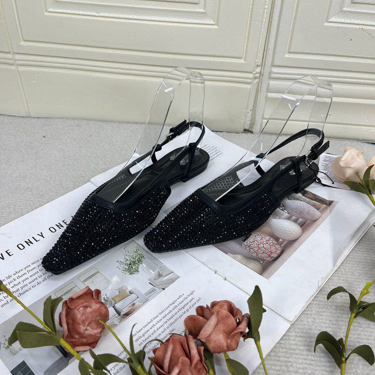 外贸原单女鞋新款气质尖头带钻浅口时尚平底单鞋一字扣包头凉鞋