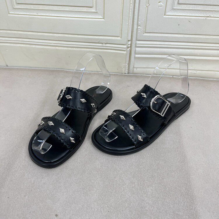 圆头铆钉皮带扣平底拖鞋