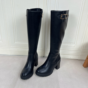 侧拉链舒适百搭 新款 Lady Shoes外贸原单圆头厚底粗跟长靴简约时尚