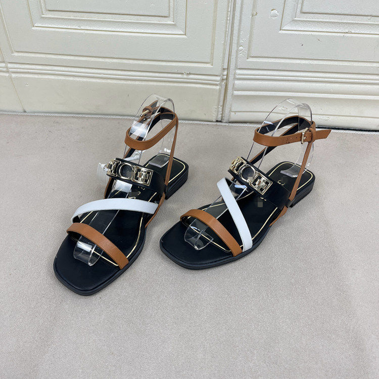 Lady Shoes外贸原单女鞋新款时尚通勤方头拼接一字扣平底时装凉鞋