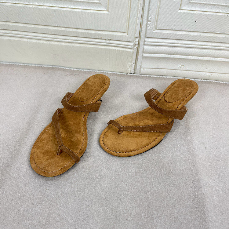 Lady Shoes外贸原单圆头夹趾细跟凉拖鞋简约时尚新款人字拖高跟女