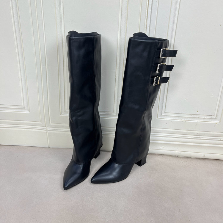 尖头纯色粗跟皮带扣套筒长靴裤靴