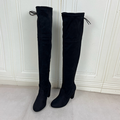 圆头纯色粗高跟绒面抽绳长筒靴