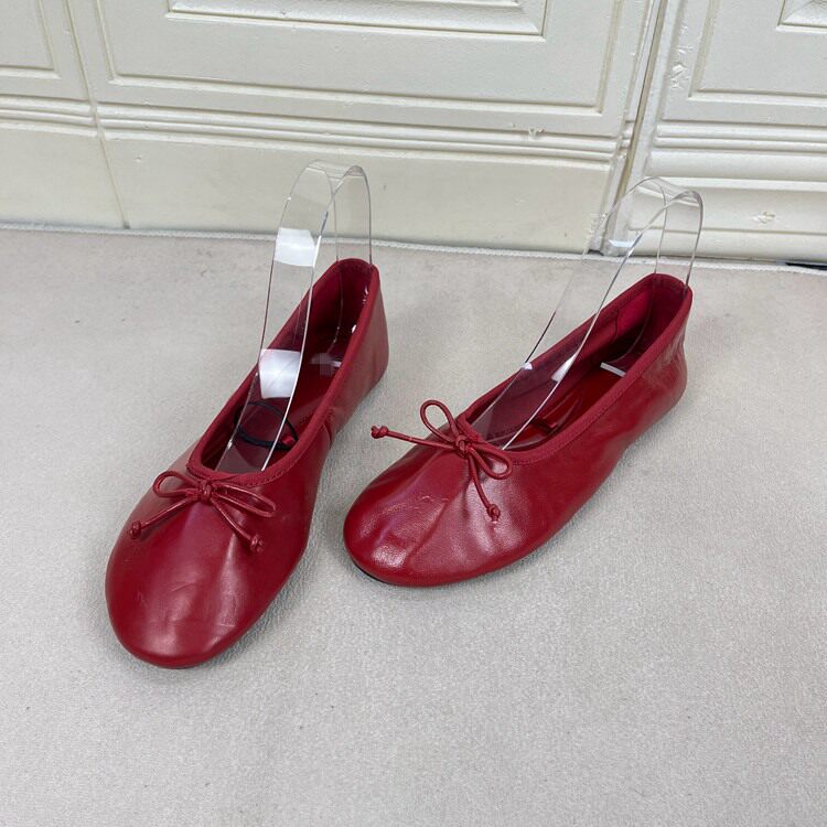 Lady Shoes外贸原单女鞋真皮微瑕新款圆头纯色蝴蝶结平底时装单鞋