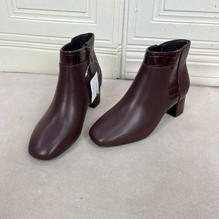 靴子 方头侧拉链舒适百搭外穿女款 外贸原单粗跟短靴简约时尚 新款