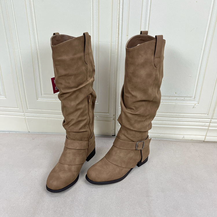 Lady Shoes 外贸原单女靴新款圆头低跟皮带扣侧拉链长靴堆堆靴