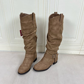 外贸原单女靴新款 Lady Shoes 圆头低跟皮带扣侧拉链长靴堆堆靴