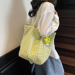 休闲日系格子帆布包包女2025新款时尚大容量手提袋单肩通勤托特包