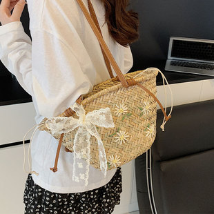 夏季新款草编包包女法式菜篮子单肩包海边度假风沙滩包编织水桶包