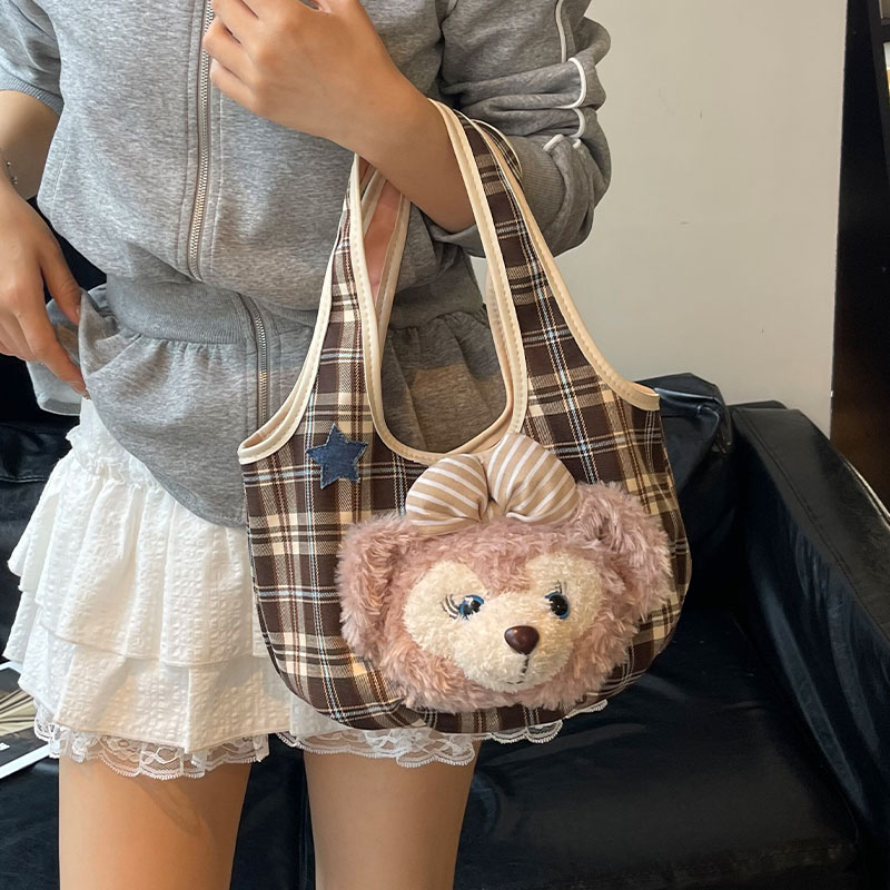 可爱手提包包女2025新款潮时尚手拎格子通勤包百搭休闲腋下单肩包
