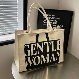 字母帆布托特包包女2025夏季新款手提妈咪包大容量上课单肩通勤包