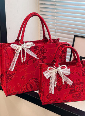 高级感新中式国风刺绣红色新娘包大容量结婚包收礼金手提包托特包