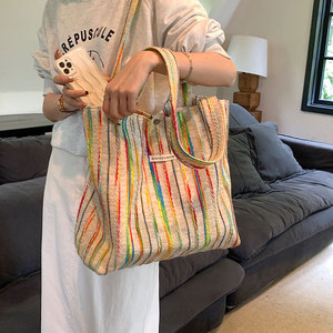 彩虹条纹大容量包包女2023新款夏天海边度假包手提帆布单肩通勤包