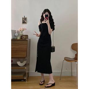 大码设计感斜肩短袖黑色连衣裙女款夏季今年流行胖mm气质显瘦裙子