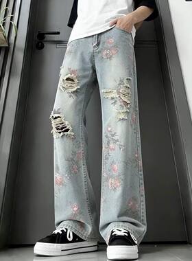 高街牡丹花设计破洞ins牛仔裤男款高街裤子大码胖子cleanfit长裤